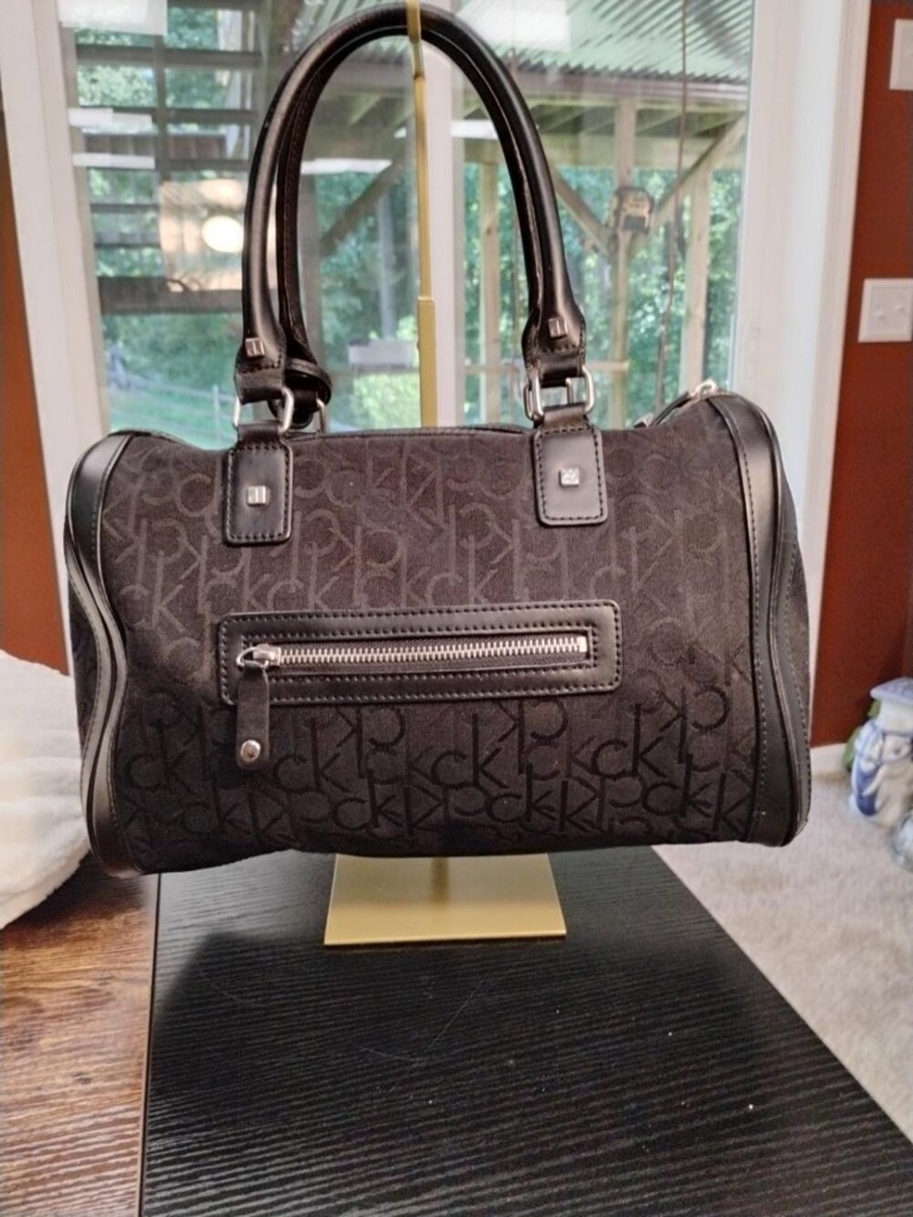 Calvin Klein Black Monogram Barrel Satchel Shoulder Bag Y2K